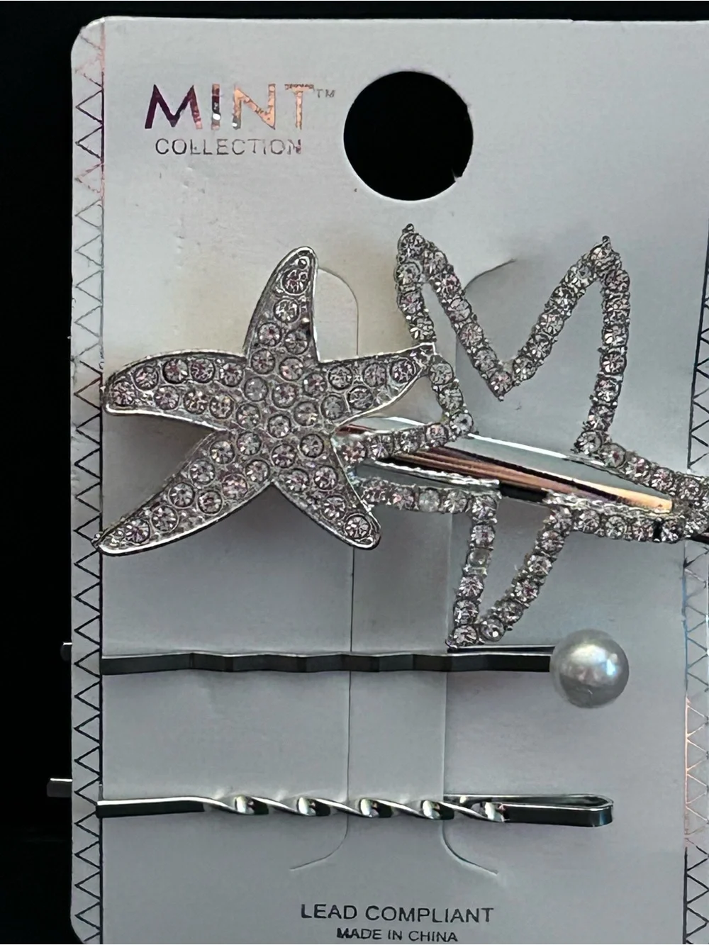Mint Rhinestone Starfish Hair Clip Set of Two - Silver-tone w/Crystals and Pearl